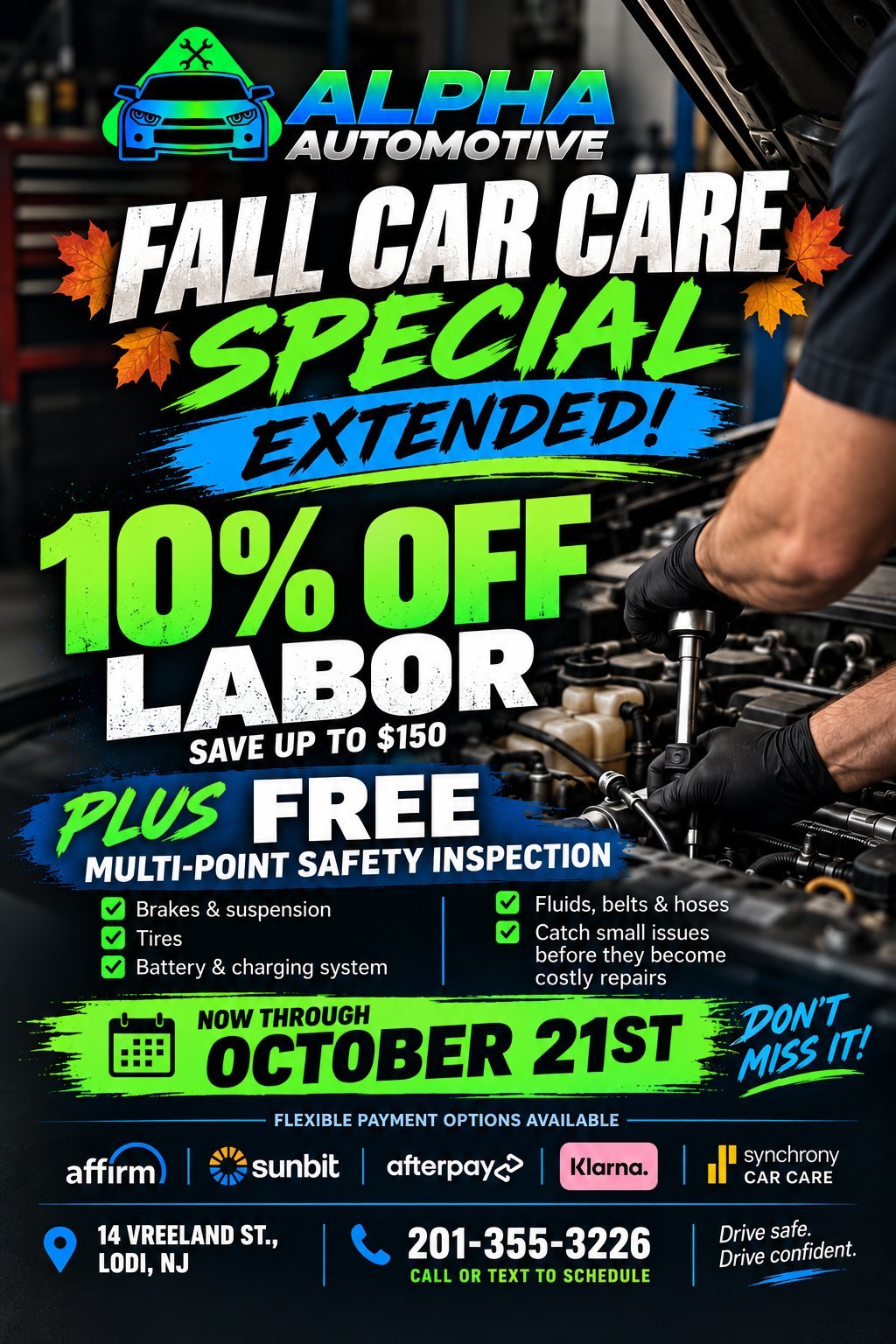 Alpha Automotive fall car care special promotional flyer offering 10% off labor and free safety inspection through October 21st