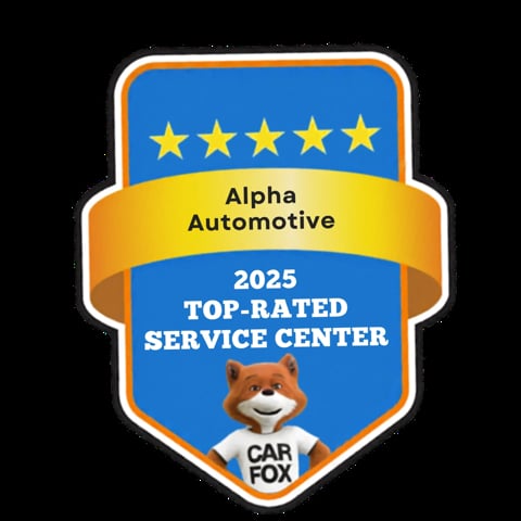 2025 Top-Rated Service Center award badge for Alpha Automotive by CarFox, featuring five gold stars and a smiling fox logo