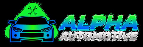 Alpha Automotive logo featuring a blue and green muscle car with neon green paint splatter on black background