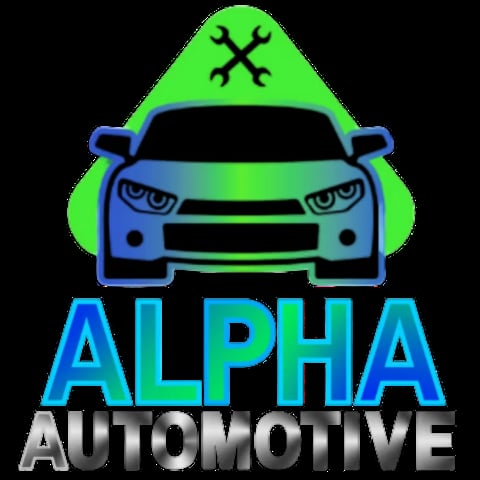 Alpha Automotive logo featuring a blue car with green hood and wrench symbol