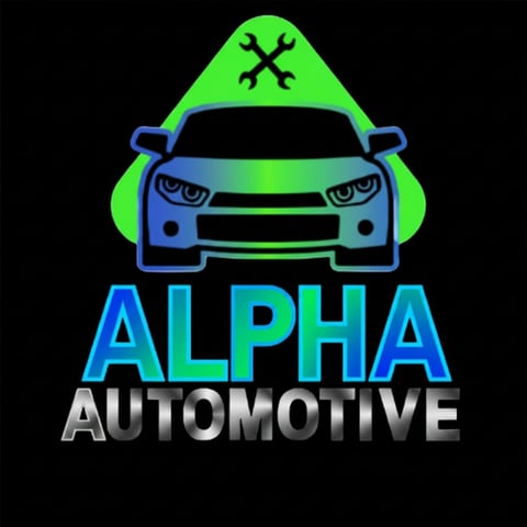 Alpha Automotive logo featuring a blue car with a green wrench symbol hood emblem on black background